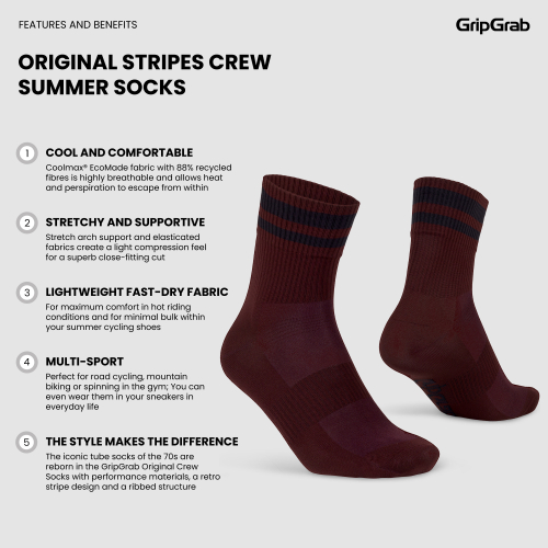 GripGrab ORIGINAL STRIPES CREW SOCKS dunkelrot